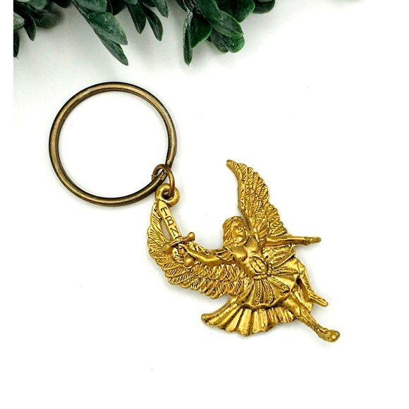 Vintage Gold-Tone Archangel Keychain With Detailed Design & Sturdy Ring - Picture 1 of 4